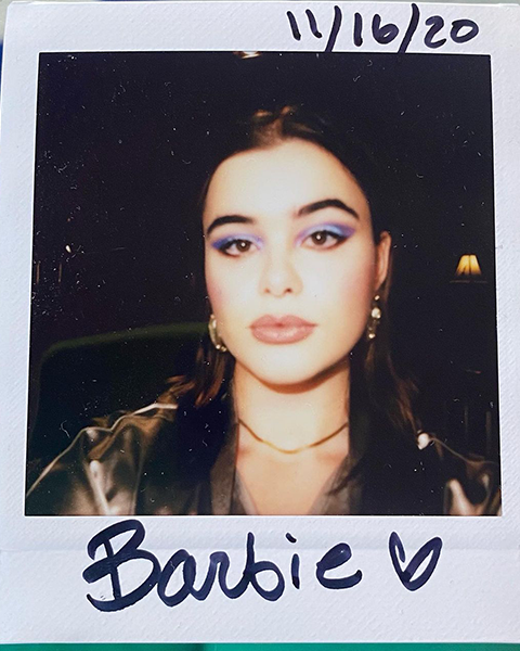 Signed polaroid of Barbie Ferreira with graphic eyeliner. Dated 11/16/20.